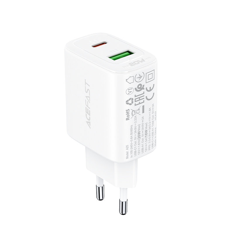 Acefast wall charger USB Type C / USB 20W, PPS, PD, QC 3.0, AFC, FCP white (A25 white) Acefast wall charger USB Type C / USB 20W, PPS, PD, QC 3.0, AFC, FCP white (A25 white)