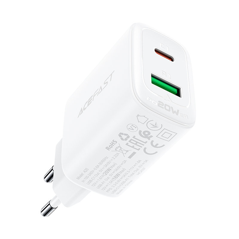 Acefast wall charger USB Type C / USB 20W, PPS, PD, QC 3.0, AFC, FCP white (A25 white) Acefast wall charger USB Type C / USB 20W, PPS, PD, QC 3.0, AFC, FCP white (A25 white)