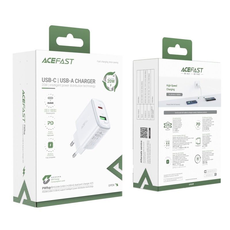 Acefast wall charger USB Type C / USB 20W, PPS, PD, QC 3.0, AFC, FCP white (A25 white) Acefast wall charger USB Type C / USB 20W, PPS, PD, QC 3.0, AFC, FCP white (A25 white)