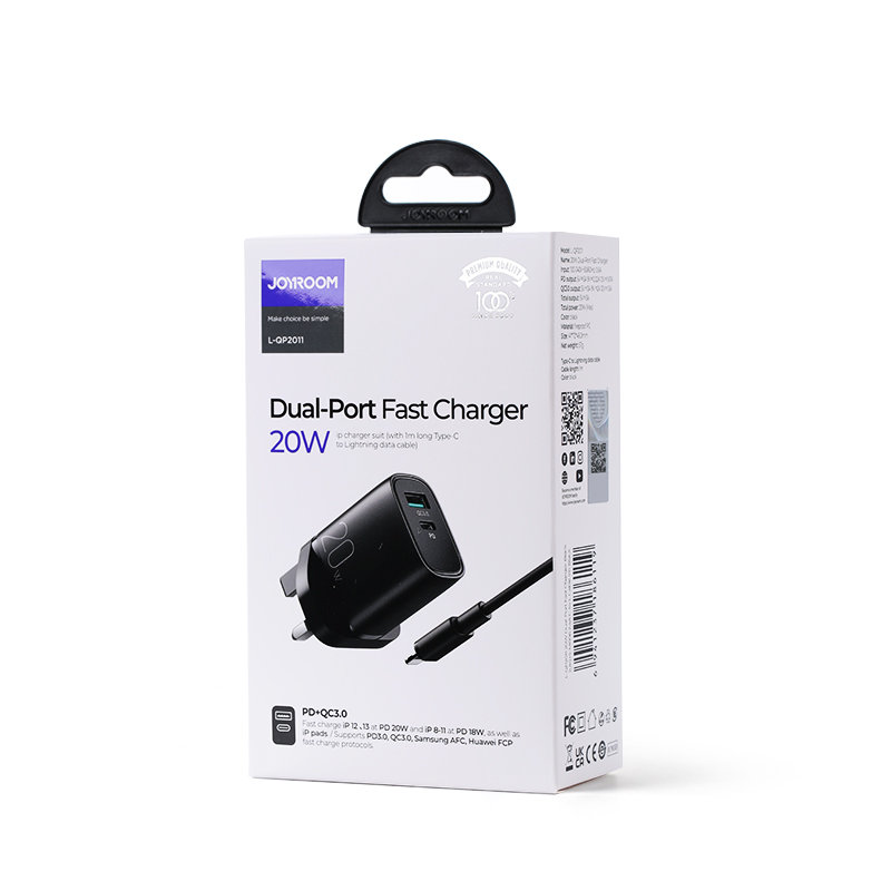Joyroom fast UK wall charger USB Type C / USB 20W PD QC3.0 black (L-QP2011) + USB Type C - Lightning cable 1m (S-M006)