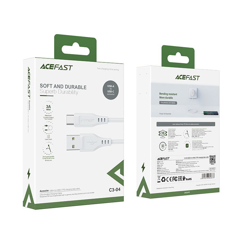 Acefast USB cable - USB Type C 1.2m, 3A white (C3-04 white) Acefast USB cable - USB Type C 1.2m, 3A white (C3-04 white)