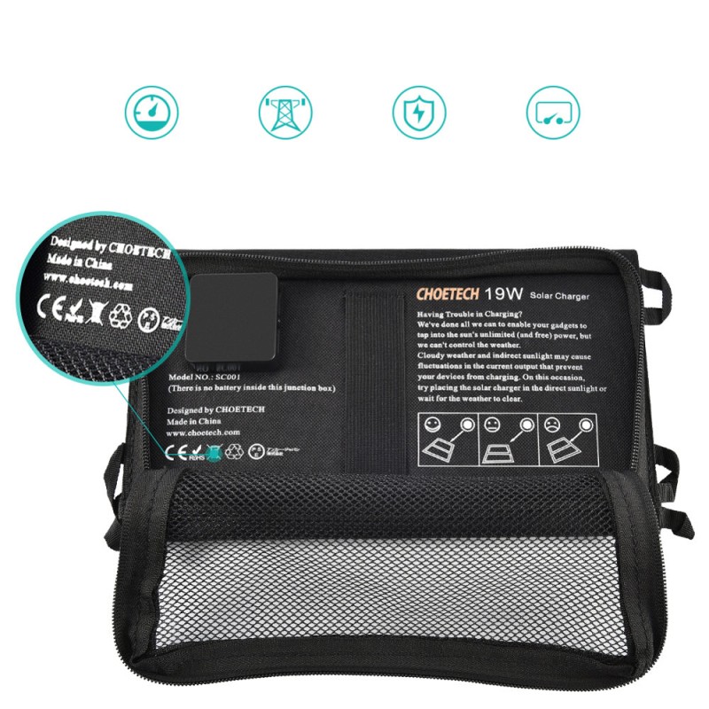 Choetech SC001 solar foldable charger 19W 2x USB-A - black Choetech SC001 solar foldable charger 19W 2x USB-A - black