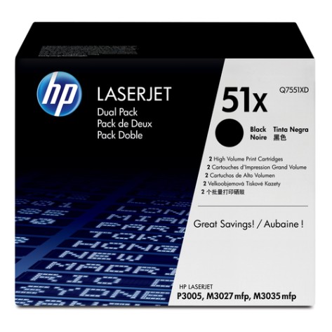 HP TONER BLACK DUAL PACK HIGH YIELD, HP 51X, FOR PRINTERS MONOCHROME LASERJET P3005, M3027, M3035 - 13.000 PAGES EACH HP TONER BLACK DUAL PACK HIGH YIELD, HP 51X, FOR PRINTERS MONOCHROME LASERJET P3005, M3027, M3035 - 13.000 PAGES EACH