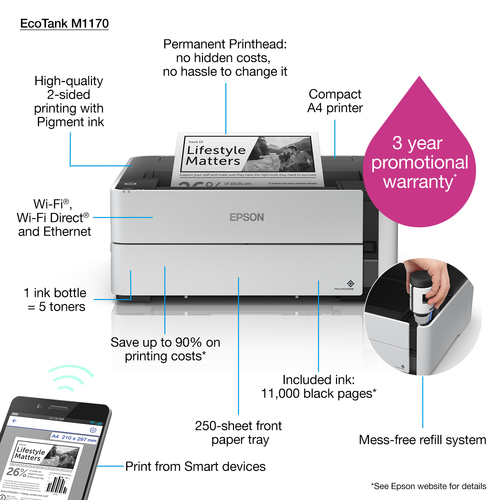 Epson EcoTank M1170 inkjet printer 1200 x 2400 DPI A4 Wi-Fi Epson EcoTank M1170 inkjet printer 1200 x 2400 DPI A4 Wi-Fi
