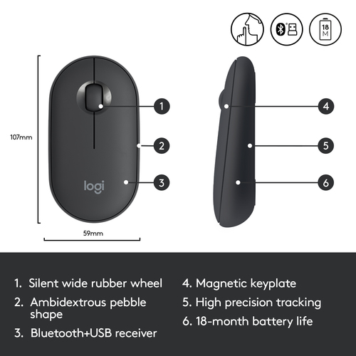 LOGITECH MOUSE M350  PEBBLE  WIRELESS/BLUETOOTH SILENT BLACK 910005718
