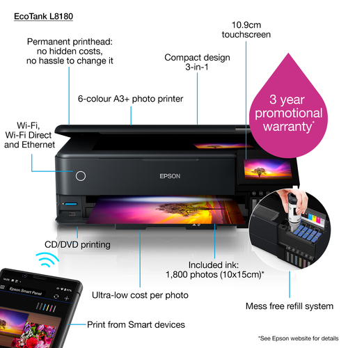Epson EcoTank L8180 Inkjet A3+ 5760 x 1440 DPI 32 ppm Wi-Fi Epson EcoTank L8180 Inkjet A3+ 5760 x 1440 DPI 32 ppm Wi-Fi