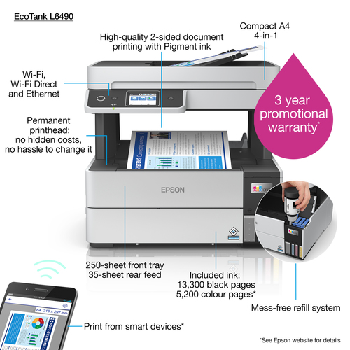 Epson EcoTank L6490 Inkjet A4 4800 x 1200 DPI 37 ppm Wi-Fi Epson EcoTank L6490 Inkjet A4 4800 x 1200 DPI 37 ppm Wi-Fi