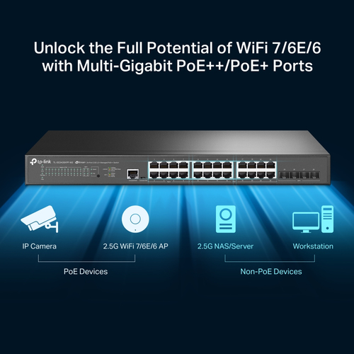 TP-Link JetStream 24-Port 2.5GBASE-T and 4-Port 10GE SFP+ L2+ Managed Switch with 16-Port PoE+ & 8-Port PoE++ TP-Link JetStream 24-Port 2.5GBASE-T and 4-Port 10GE SFP+ L2+ Managed Switch with 16-Port PoE+ & 8-Port PoE++