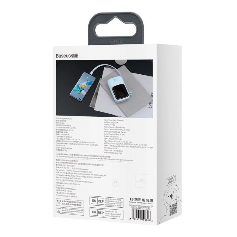 Baseus Qpow powerbank 10000mAh built-in USB Type-C cable 22.5W Quick Charge BLUE Baseus Qpow powerbank 10000mAh built-in USB Type-C cable 22.5W Quick Charge BLUE