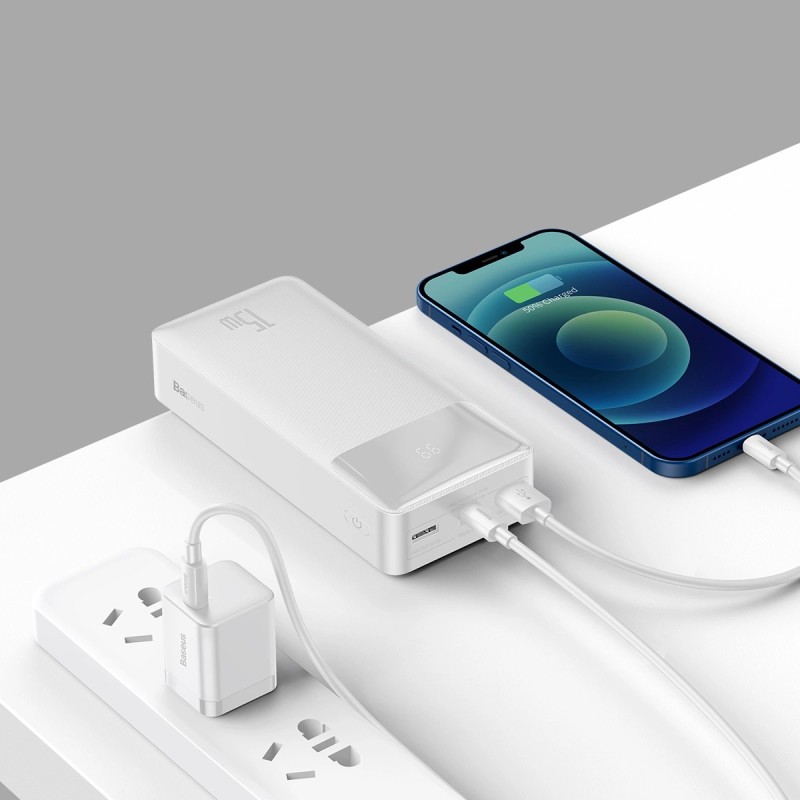 Baseus Bipow power bank with display 30000mAh 15W white (Overseas Edition) + USB-A - Micro USB cable 0.25m white (PPBD050202)