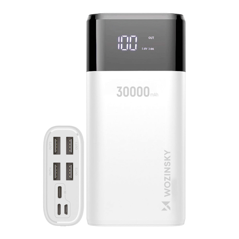 Wozinsky powerbank 30000mAh Li-Po 4 x USB with LCD display 2 A white (WPB-001WE) Wozinsky powerbank 30000mAh Li-Po 4 x USB with LCD display 2 A white (WPB-001WE)