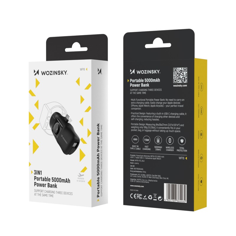 Wozinsky WF16-YCS 5000mAh 15W USB-C Mini Power Bank with Built-in USB-C Cable and Apple Watch Charger - Black Wozinsky WF16-YCS 5000mAh 15W USB-C Mini Power Bank with Built-in USB-C Cable and Apple Watch Charger - Black