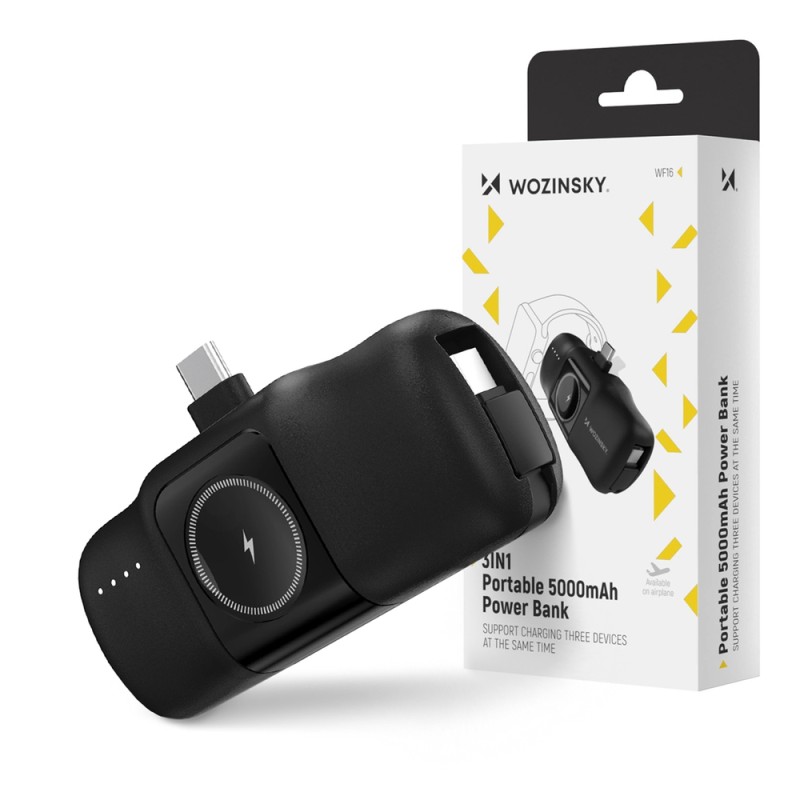 Wozinsky WF16-YCS 5000mAh 15W USB-C Mini Power Bank with Built-in USB-C Cable and Apple Watch Charger - Black Wozinsky WF16-YCS 5000mAh 15W USB-C Mini Power Bank with Built-in USB-C Cable and Apple Watch Charger - Black