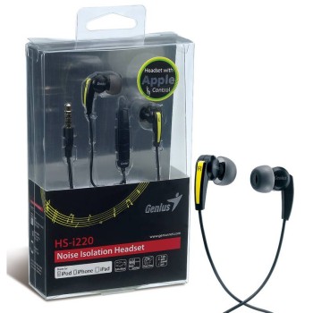 GENIUS EARPHONES HS-i220, REMOTE CONTROL WITH MIC/VOLUME, NOISE ISOLATION, GOLD PLATED 3.5MM JACK, CABLE LENTH 1.2M, BLACK