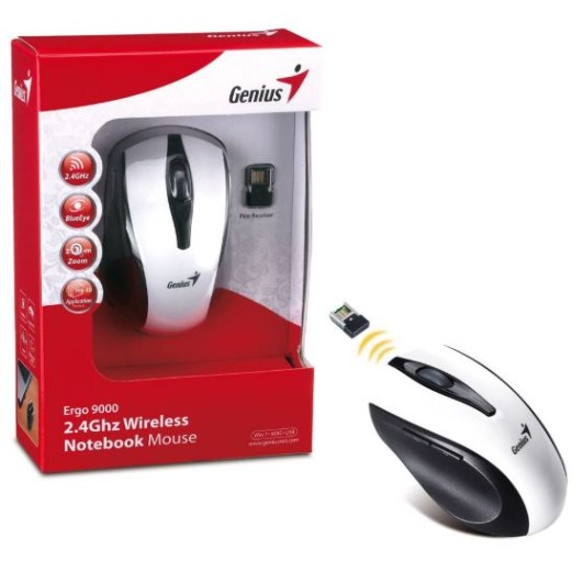 GENIUS MOUSE WIRELESS ERGO 9000, 2.4GHz, 5-BUTTON, BLUEEYE, 1200 DPI, USB PICO RECEIVER, ERGONOMIC, WHITE