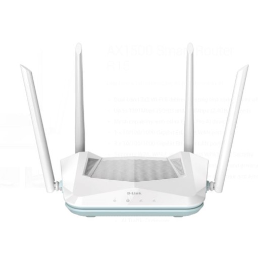 DLINK ROUTER WIRELESS AX 1500 WI-FI 6 DUAL BAND (11AX/AC/B/G/N/A/K/V) AI, MU-MIMO &amp; OFDMA, 3 X GIGABIT LAN PORTS, GIGABIT WAN, 4 EXTERNAL ANTENNAS, VOICE CONTROL, FOTA, D-LINK AI TECHNOLOGY, D-LINK WI-FI MESH, UK PLUG