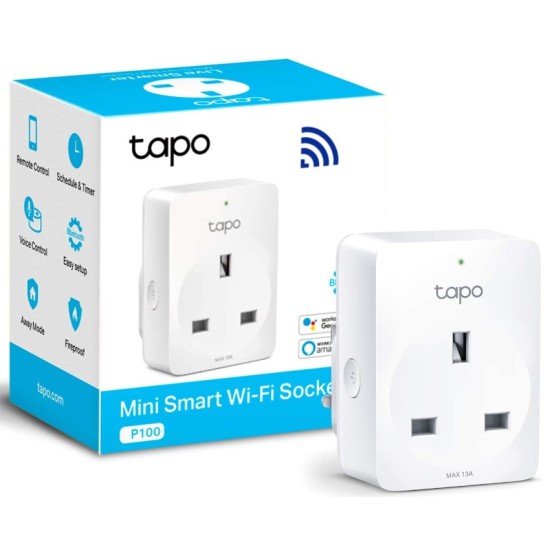 TP-LINK TAPO, MINI SMART WI-FI SOCKET, ENERGY MONITORING, 220-240 V, MAX LOAD 13 A, 50/60 HZ, 2.4 GHZ WI-FI NETWORKING, REMOTE CONTROL, AWAY MODE, VOICE CONTROL, UK PLUG