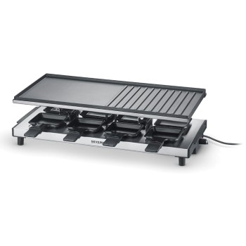 SEVERIN RACLETTE GRILL, 8 PANS, FULL NON STICK COATED PLATE, ADJUSTABLE THERMOSTAT, REMOVABLE PARTS, ON / OFF BUTTON, BRUSHED STAINLESS STEEL/BLACK