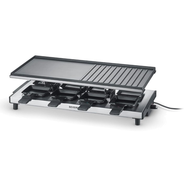 SEVERIN RACLETTE GRILL, 8 PANS, FULL NON STICK COATED PLATE, ADJUSTABLE THERMOSTAT, REMOVABLE PARTS, ON / OFF BUTTON, BRUSHED STAINLESS STEEL/BLACK
