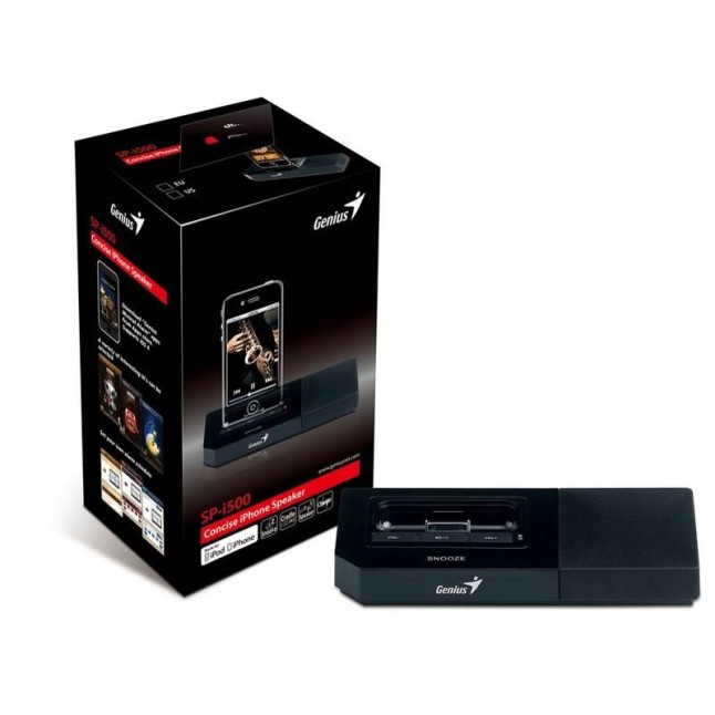 GENIUS SPEAKERS SP-i500 2W RMS, SUPPORT iPHONE/iPOD WITH 30-PIN CONNECTOR, VOLUME CONTROL, CHARGER, ALARM WITH MUSICAL ALARM APP