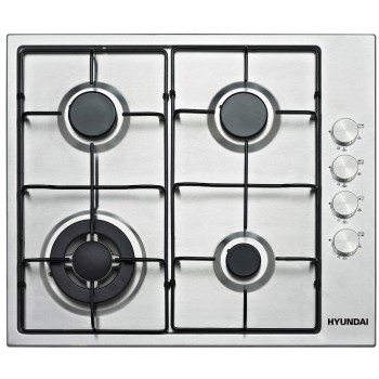 HYUNDAI HOB GAS, 60CM BUILT IN, 4 HITTING ELEMENTS, 3.4KW+ 1.8KW + 1.8KW+ 1.0KW, 220-240V, 50HZ, AUTO IGNITION BY ELECTRICITY, SAFETY SWITCH, 50X58CM STAINLESS STEEL PANEL, 58x50x9.4CM, SILVER WITH ENAMEL SHINY PAN SUPPORT