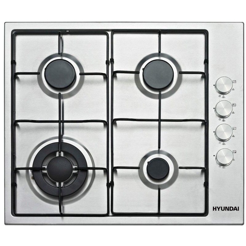 HYUNDAI HOB GAS, 60CM BUILT IN, 4 HITTING ELEMENTS, 3.4KW+ 1.8KW + 1.8KW+ 1.0KW, 220-240V, 50HZ, AUTO IGNITION BY ELECTRICITY, SAFETY SWITCH, 50X58CM STAINLESS STEEL PANEL, 58x50x9.4CM, SILVER WITH ENAMEL SHINY PAN SUPPORT