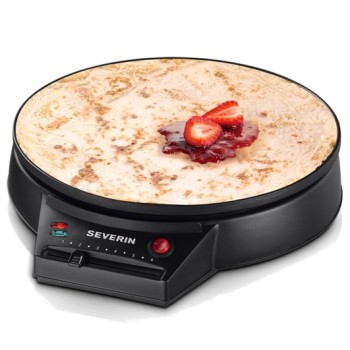 SEVERIN CREPES MAKER 1000W, NON-STIK COATED PAN APPROX/ 30 CM, WOODEN SPATULA &amp; TURNING STICK, PLASTIC HOUSING, VARIABLE THERMOSTAT, PILOT LIGHT, BLACK