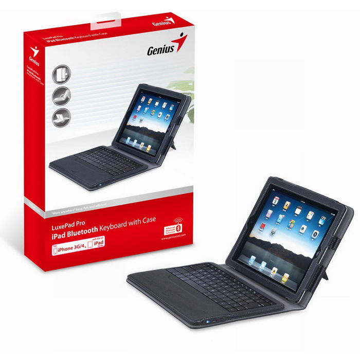GENIUS KEYBOARD CASE LUXEPAD PRO, BLUETOOTH EDR 2.0, FOR APPLE IPAD, LEATHER CASE BLACK, RECHARGEABLE BATTERY WITH USB CHARGE CABLE, UP TO 10 METERS GENIUS KEYBOARD CASE LUXEPAD PRO, BLUETOOTH EDR 2.0, FOR APPLE IPAD, LEATHER CASE BLACK, RECHARGEABLE BATTERY WITH USB CHARGE CABLE, UP TO 10 METERS