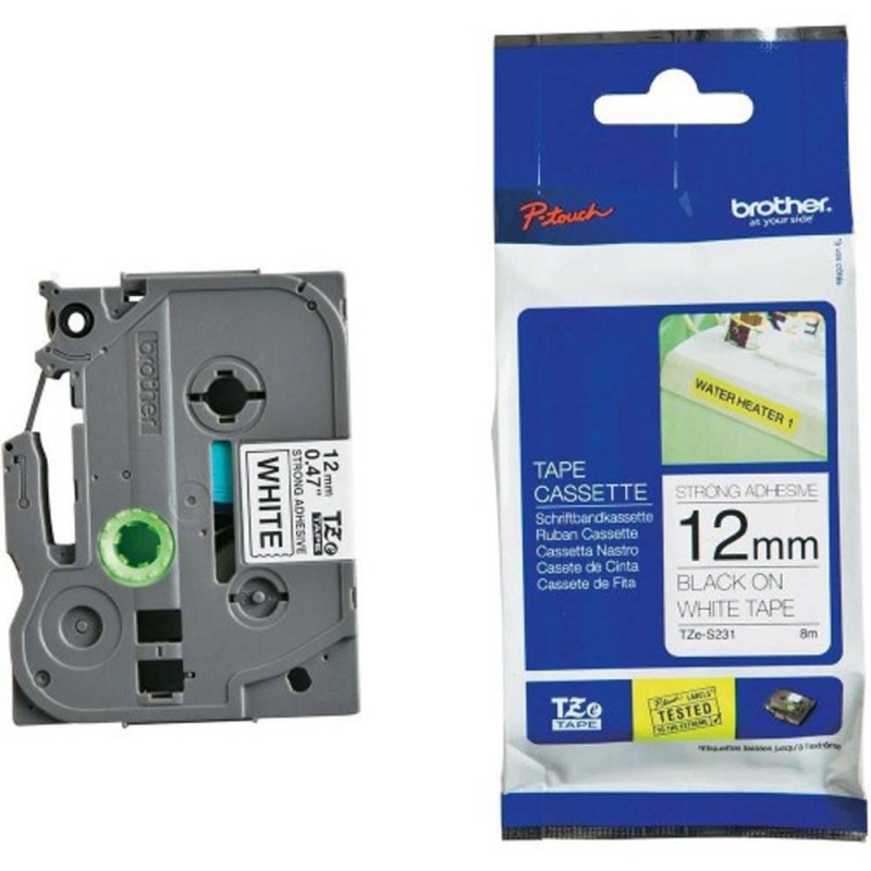 TZeS231 12mm BLACK ON WHITE 8m STRONG ADHESIVE BROTHER P-TOUCH TAPE