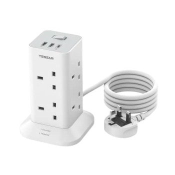 Tessan 8-Gang Power Extension Tower + 2 x USB-A &amp;amp; USB C 2M 13A TPS03-UK-C
